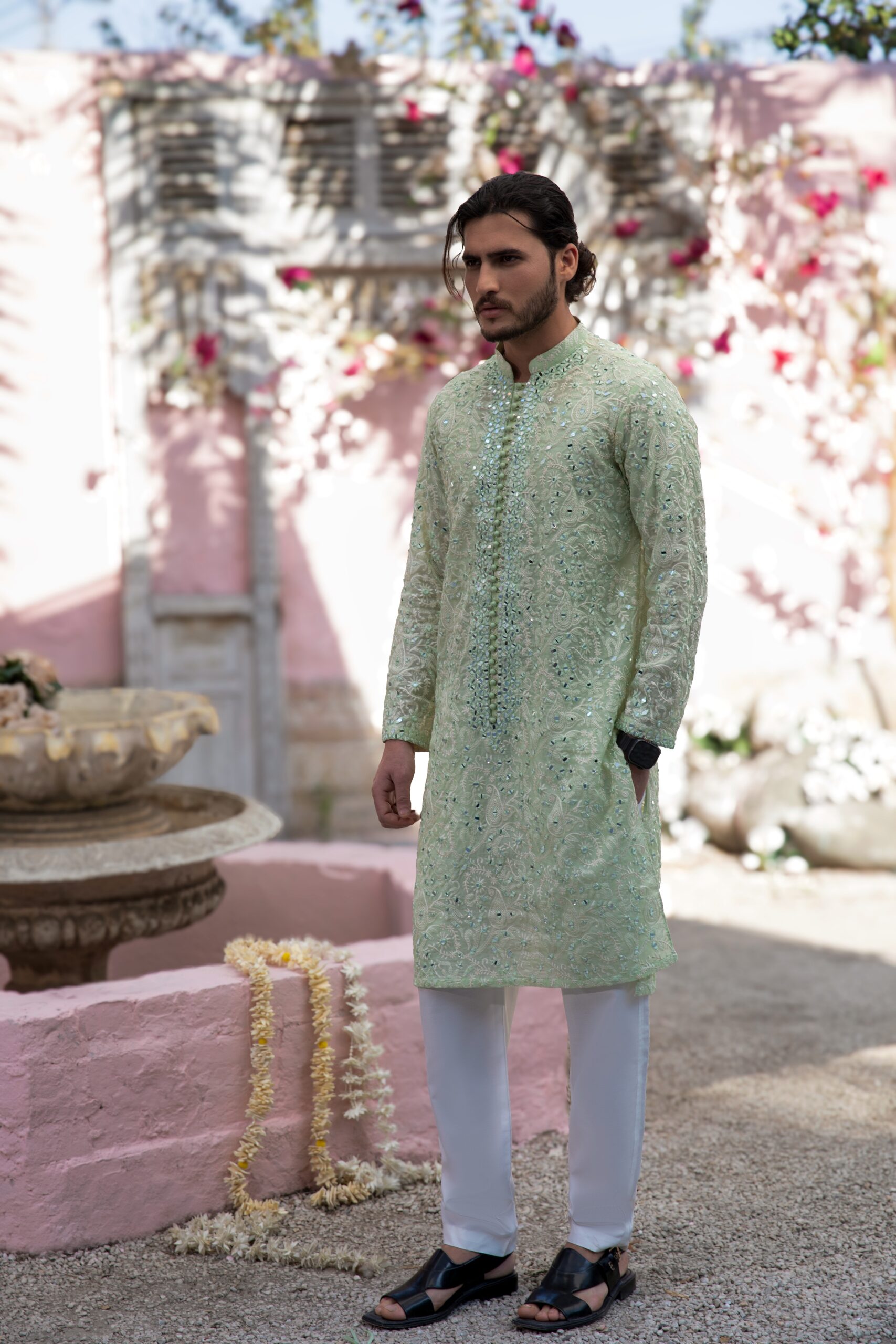 B612_20250513_173359_798 Luxe Mirror Embroidered Kurta for Men in Mint Green โ Exquisite Chikankari Craftsmanship