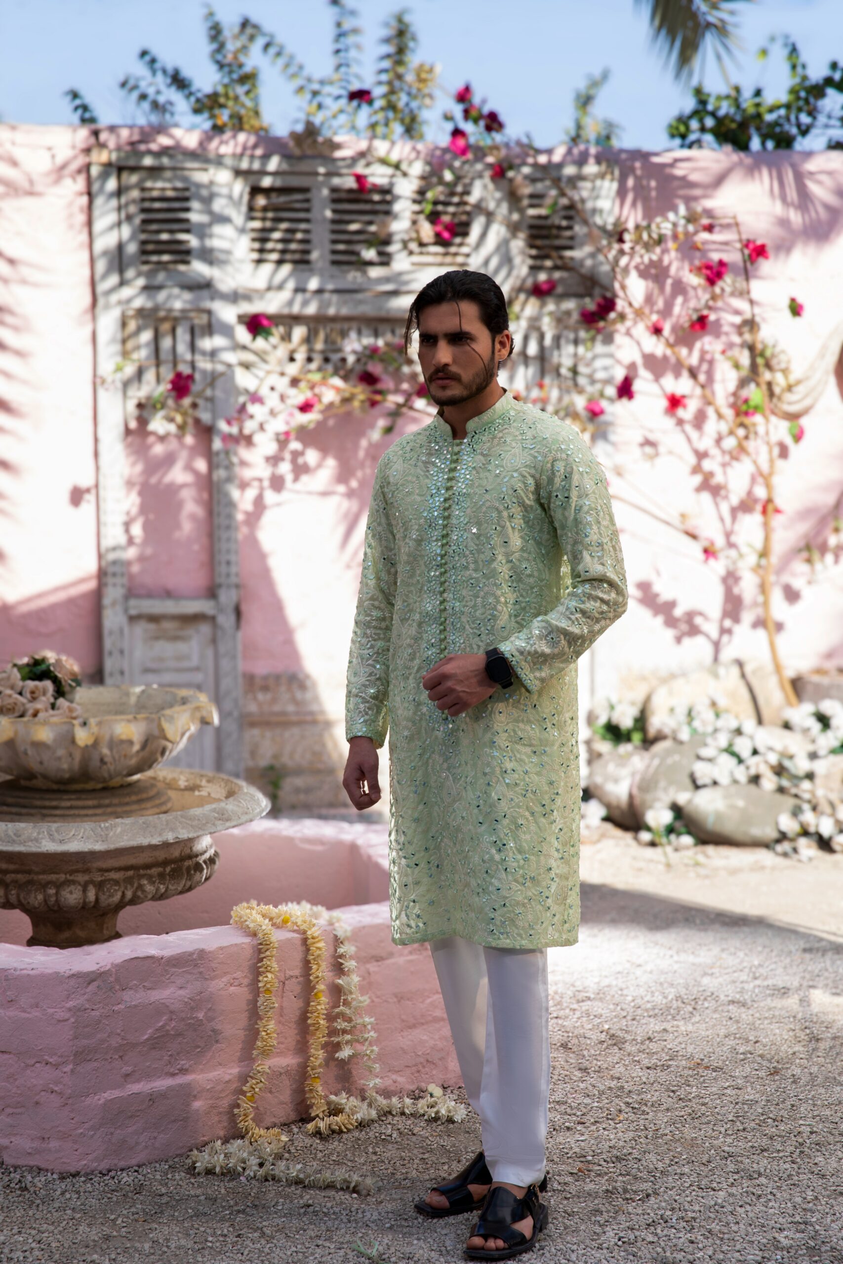 B612_20250513_173537_850 Luxe Mirror Embroidered Kurta for Men in Mint Green โ Exquisite Chikankari Craftsmanship