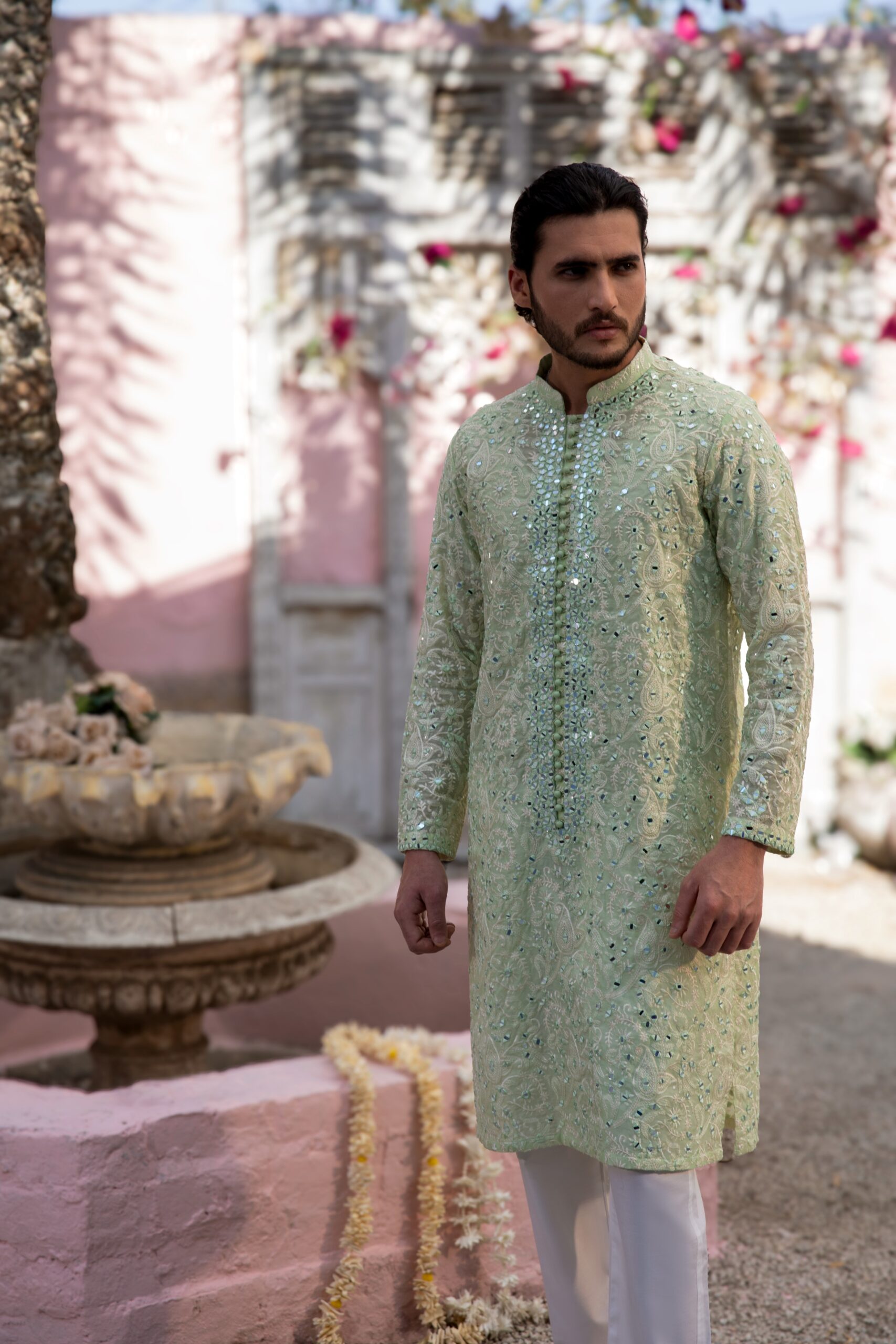 B612_20250513_173607_958 Luxe Mirror Embroidered Kurta for Men in Mint Green โ Exquisite Chikankari Craftsmanship