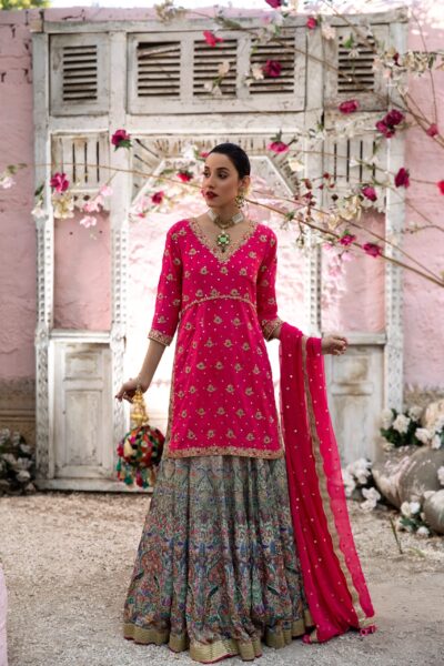 Traditional Pakistani Mehendi Lehenga Choli with Hot Pink Floral Embroidered Choli, Multicolored Contrast Lehenga, Heavy Border & Sequin Dupatta