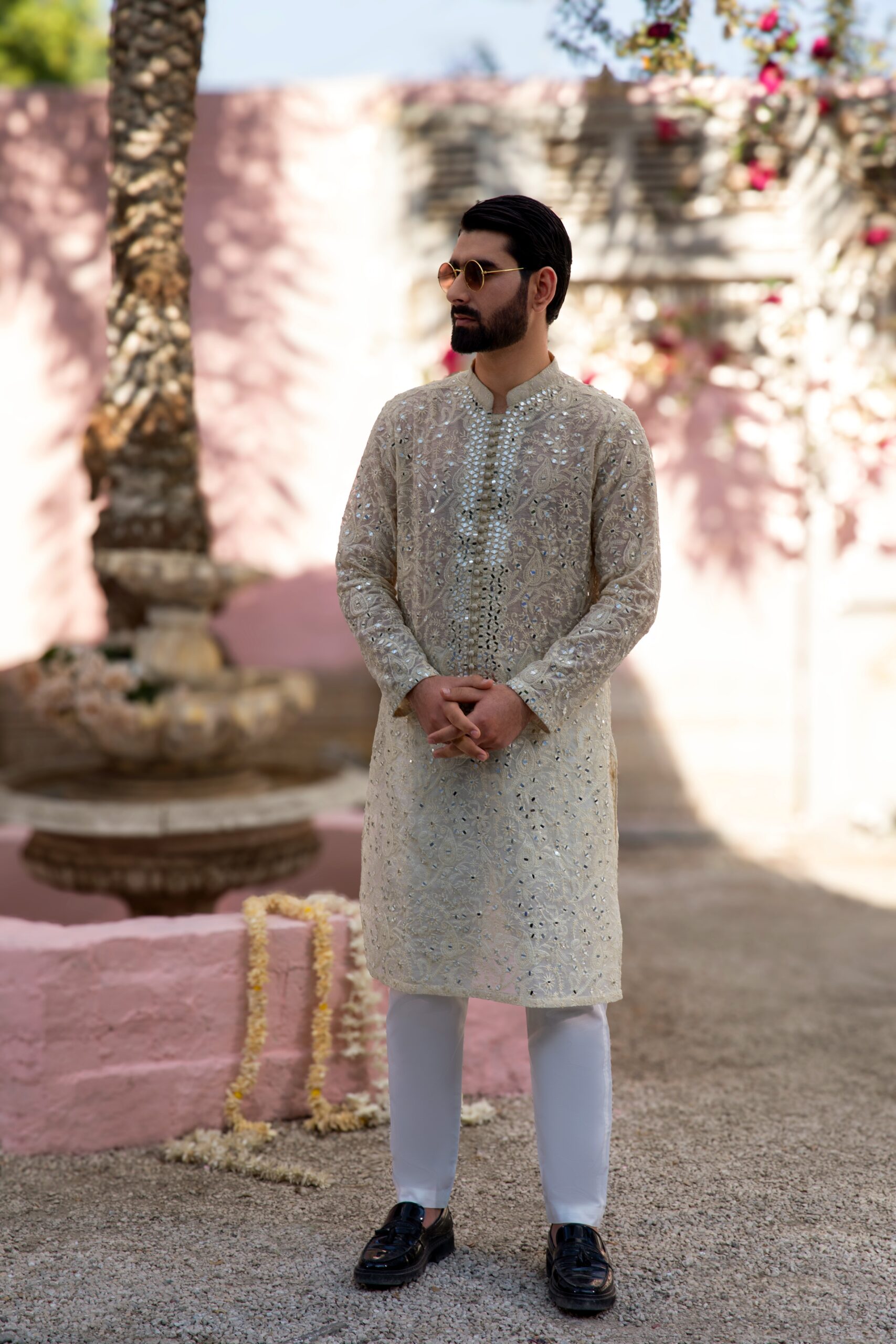 Mens kurta B612_20250513_181149_435 GLEAM EDGE CHIKANKARI MIRROR KURTA โ HAND-EMBROIDERED MEN'S KURTA WITH MIRROR WORK AND LOOP BUTTONS