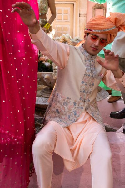 Peach Raw Silk Waistcoat with Matching Inner Suit & Turban | Men's Mehendi Wear