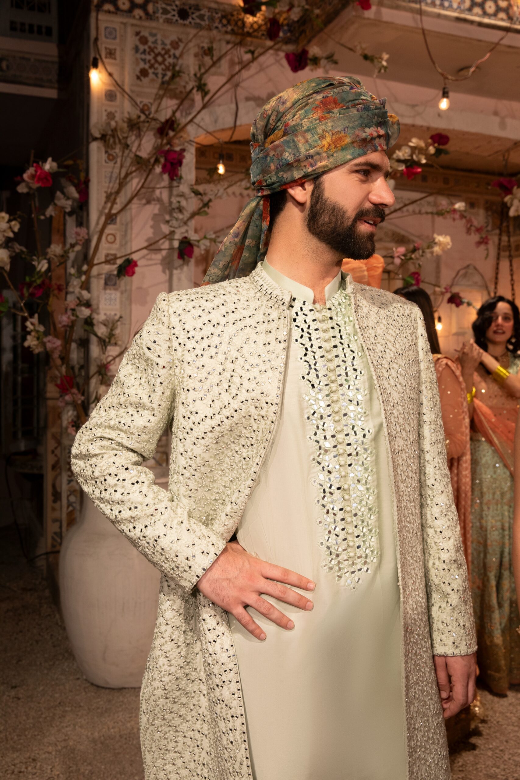 Raqs Sabz Mirror Embroidered Sherwani - Traditional Pakistani Wedding Dresses- Sherwani for Groom