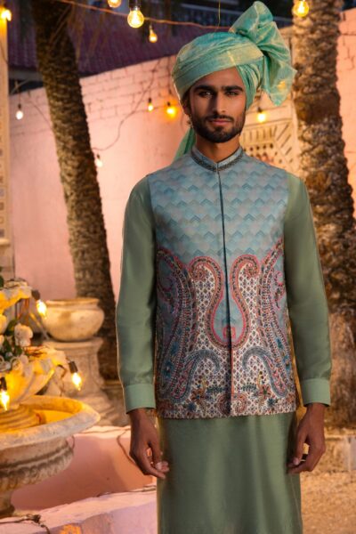 AZURE ARTISAN WAISTCOAT - TRADITIONAL PAKISTANI WEDDING DRESS - WEDDING GUEST DRESSES