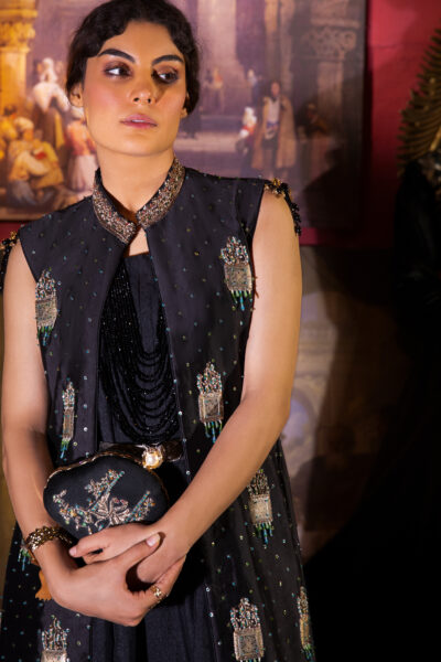 Silken Radiance Evening Gown, Naushemian ÉTOILE Collection, Nauman Arfeen Designer Womenswear, Premium Silk Evening Gown Pakistan, Sequined Embroidered Ladies Gown, Couture Belt Ladies Ensemble, Luxury Black Evening Gown, Designer Women’s Occasion Wear Pakistan, Regal Couture Tailoring, High Fashion Ladies Gown 2026