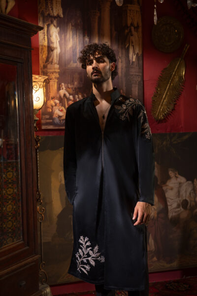 Velvet Nocturne Kurta front view with hand embroidery on shoulders