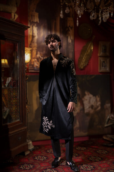 Velvet Nocturne Kurta front view with hand embroidery on shoulders