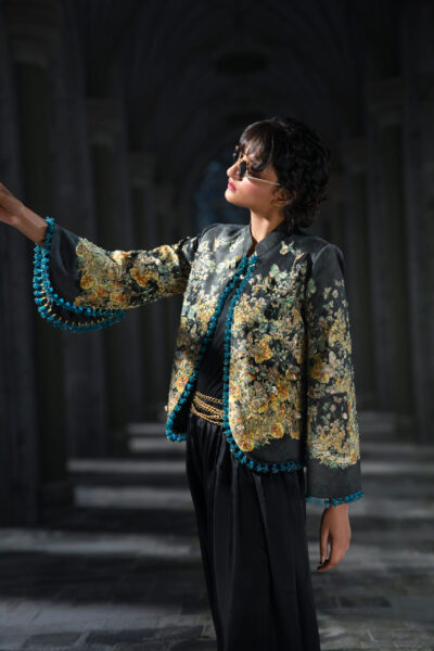 Monarch Boujee Fashion Jacket | Naushemian ÉTOILE Couture Pakistan - ÉTOILE collection by Nauman Arfeen is a story chosen to tell through fabric, craftsmanship, light and emotion. The Genesis is the first chapter of a five-part journey