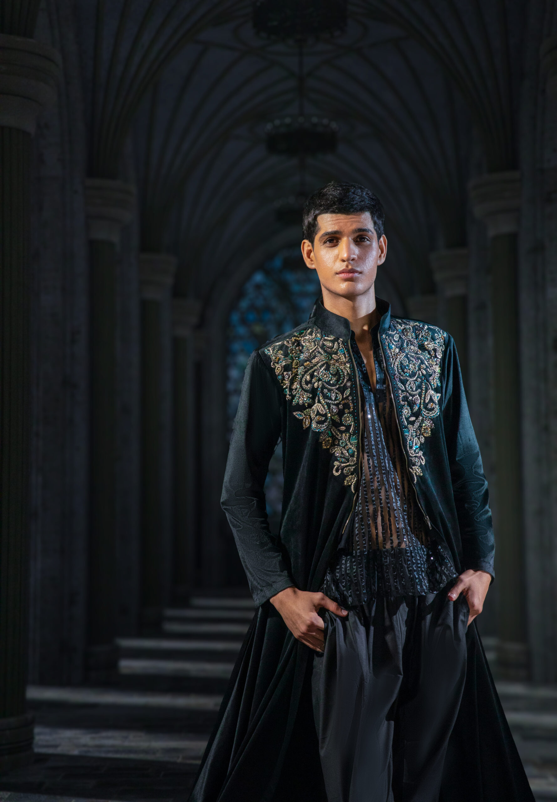 Midnight Velvet Sovereign Kurta, Naushemian ÉTOILE Collection, Nauman Arfeen Designer Wear, Luxury Velvet Couture Pakistan, Front Open Long Tail Kurta, Fashion Week Couture 2026, Designer Groom’s Kurta Pakistan, Heritage Craftsmanship Menswear, Regal Couture Tailoring, Luxury Occasion Dressing