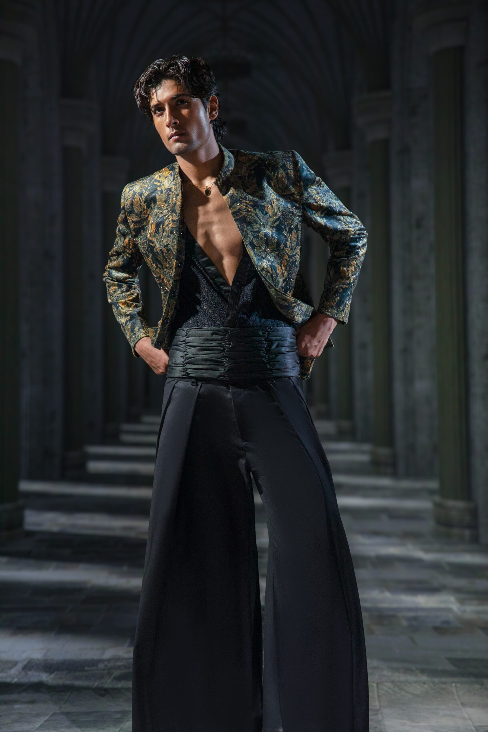 Emerald Regalia Prince Coat, Naushemian ÉTOILE Collection, Nauman Arfeen Designer Wear, Luxury Prince Coat Pakistan, Patterned Gold & Green Couture