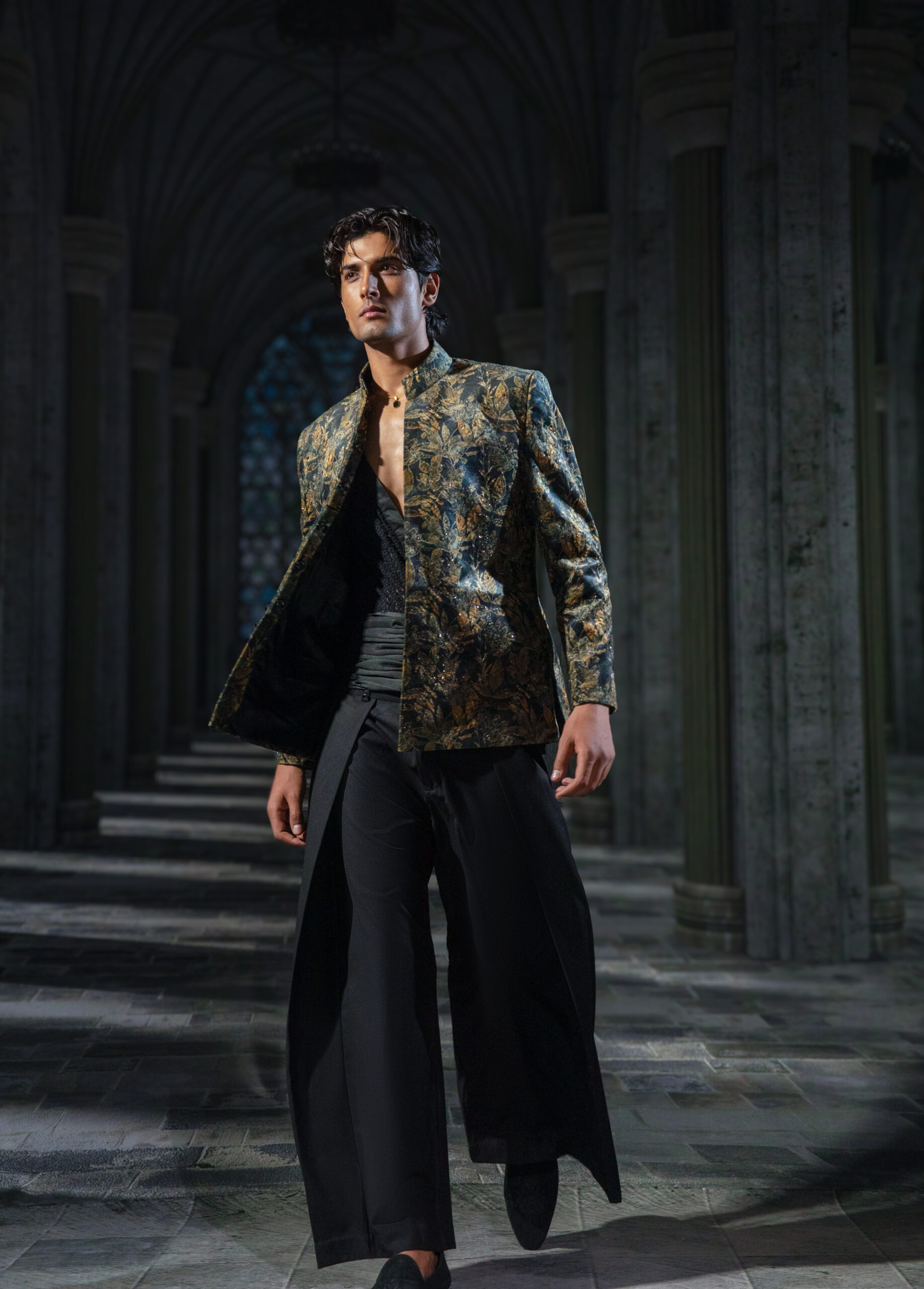 Emerald Regalia Prince Coat, Naushemian ÉTOILE Collection, Nauman Arfeen Designer Wear, Luxury Prince Coat Pakistan, Patterned Gold & Green Couture