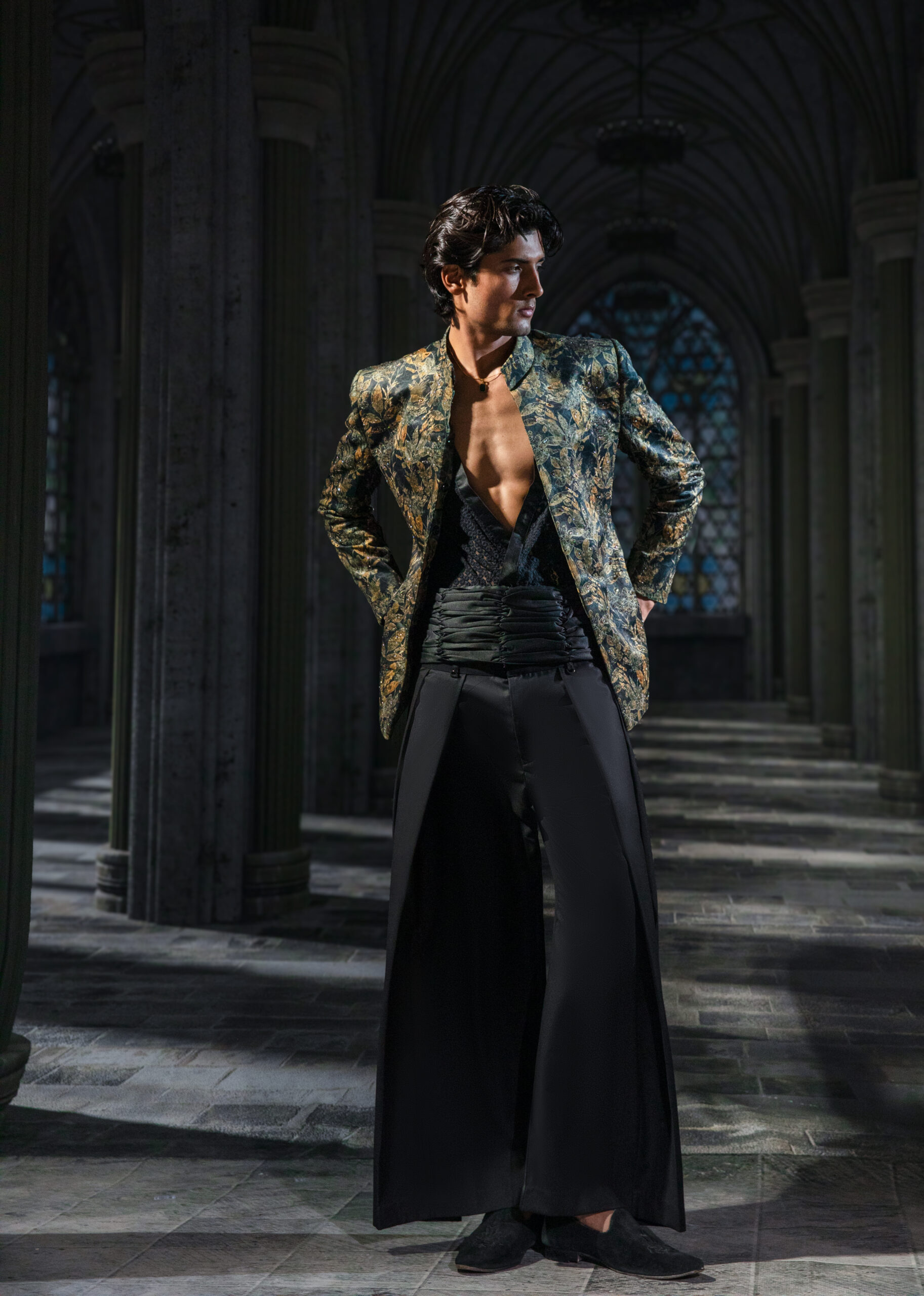 Emerald Regalia Prince Coat, Naushemian ÉTOILE Collection, Nauman Arfeen Designer Wear, Luxury Prince Coat Pakistan, Patterned Gold & Green Couture