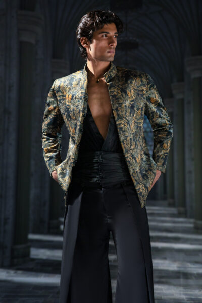 Emerald Regalia Prince Coat, Naushemian ÉTOILE Collection, Nauman Arfeen Designer Wear, Luxury Prince Coat Pakistan, Patterned Gold & Green Couture