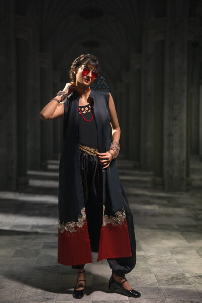 Crimson Ascent Silk Ladies Dress, Naushemian ÉTOILE Collection, Nauman Arfeen Designer Wear, Luxury Silk Ladies Dress Pakistan, Sleeveless Silk Coat Dress with Borders, Fashion Week Couture 2026, Designer Women’s Ensemble Pakistan, Heritage Craftsmanship Womenswear, Regal Couture Tailoring, Luxury Occasion Dressing