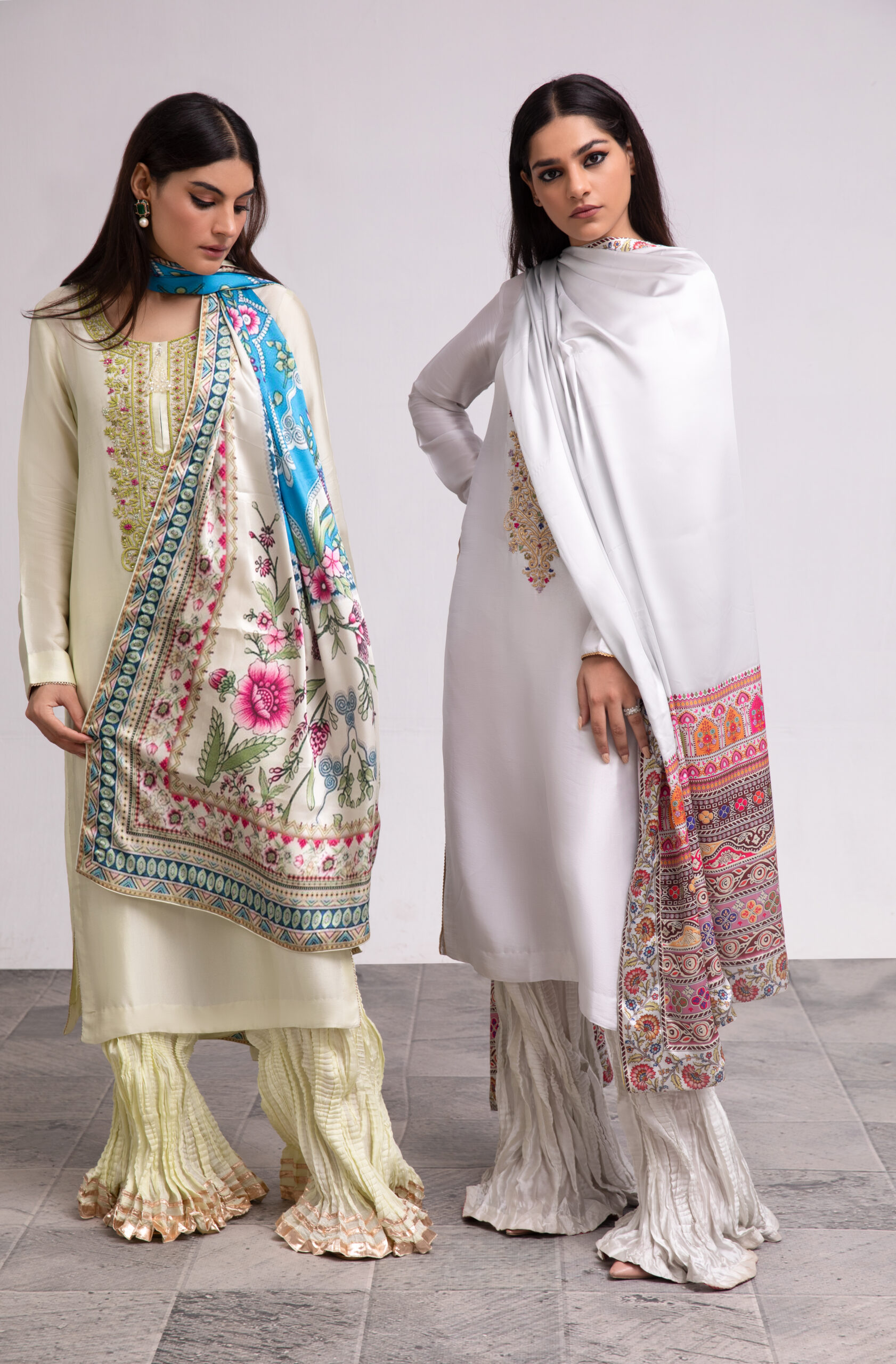 C76A7029 mint silk ladies dress, silk shirt with garara, 3-piece festive wear, embroidered garara suit, designer ethnic wear, luxury women's clothing