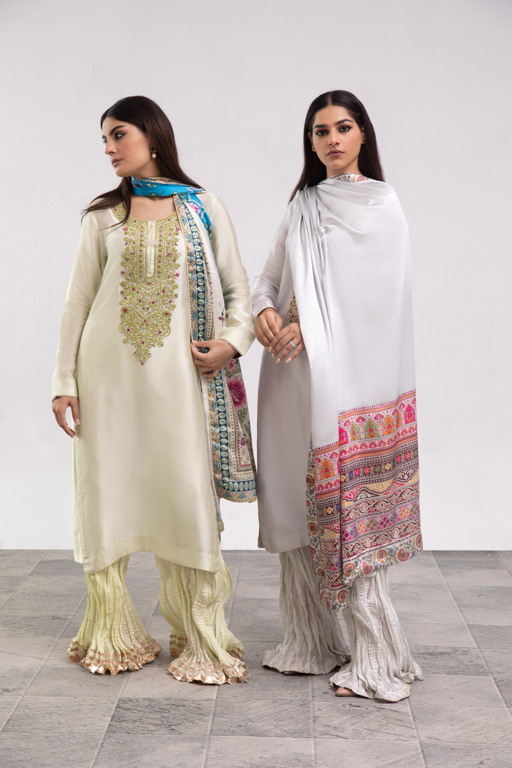 mint silk ladies dress, silk shirt with garara, 3-piece festive wear, embroidered garara suit, designer ethnic wear, luxury women's clothing