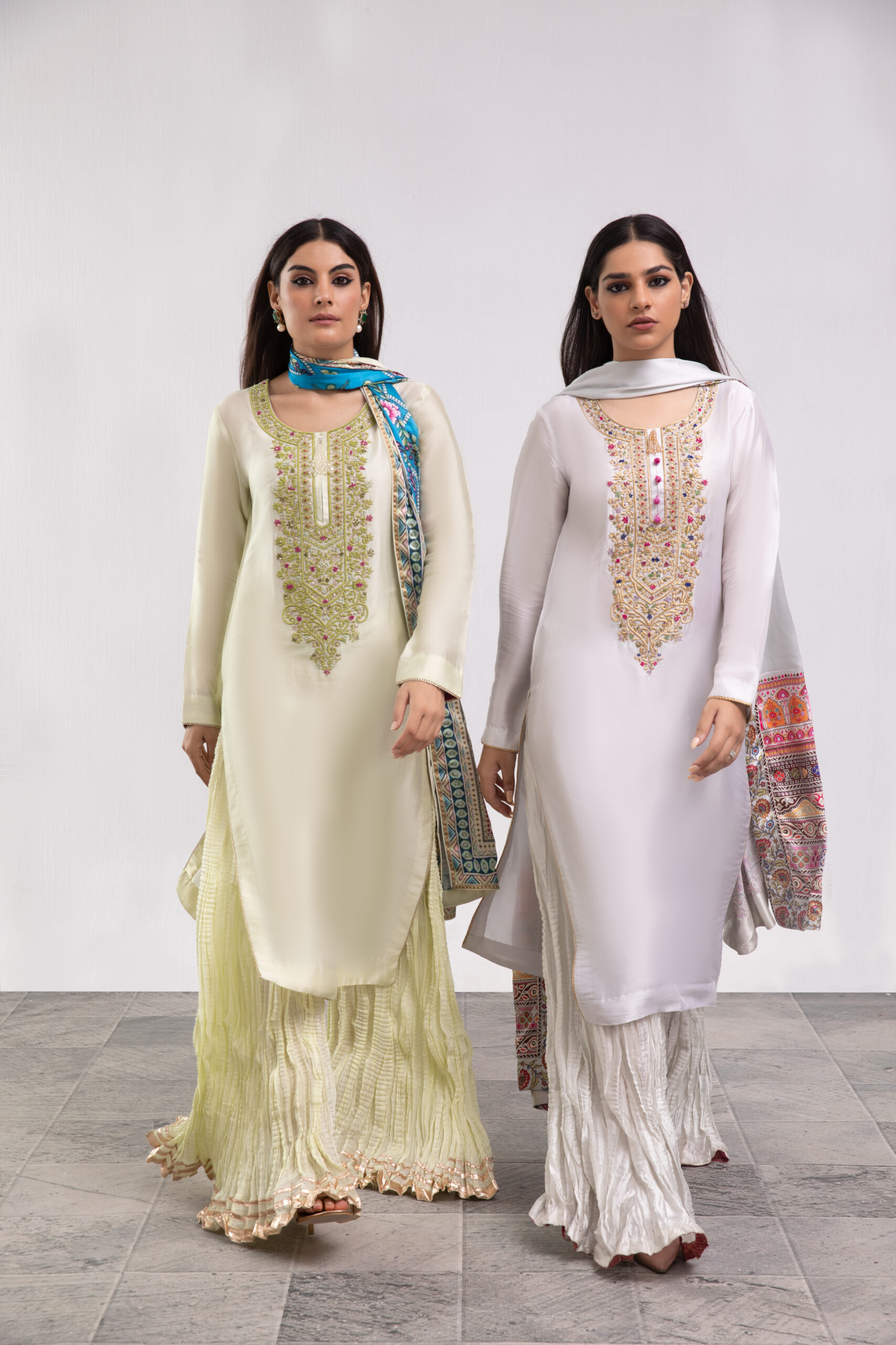 C76A7048 mint silk ladies dress, silk shirt with garara, 3-piece festive wear, embroidered garara suit, designer ethnic wear, luxury women's clothing
