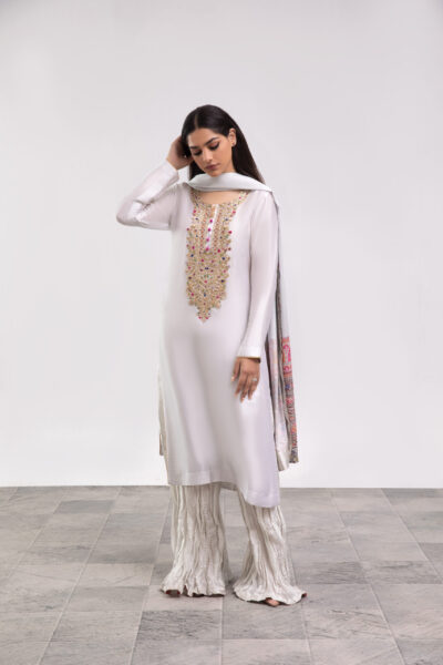 white silk ladies dress, silk shirt with garara, 3-piece festive wear, multi-colored embroidered garara suit, designer ethnic wear, luxury women's clothing