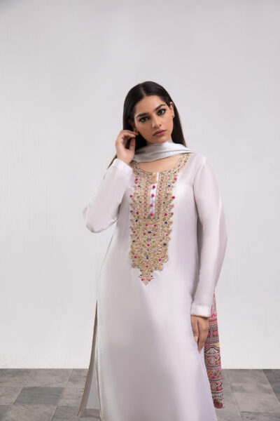 white silk ladies dress, silk shirt with garara, 3-piece festive wear, multi-colored embroidered garara suit, designer ethnic wear, luxury women's clothing
