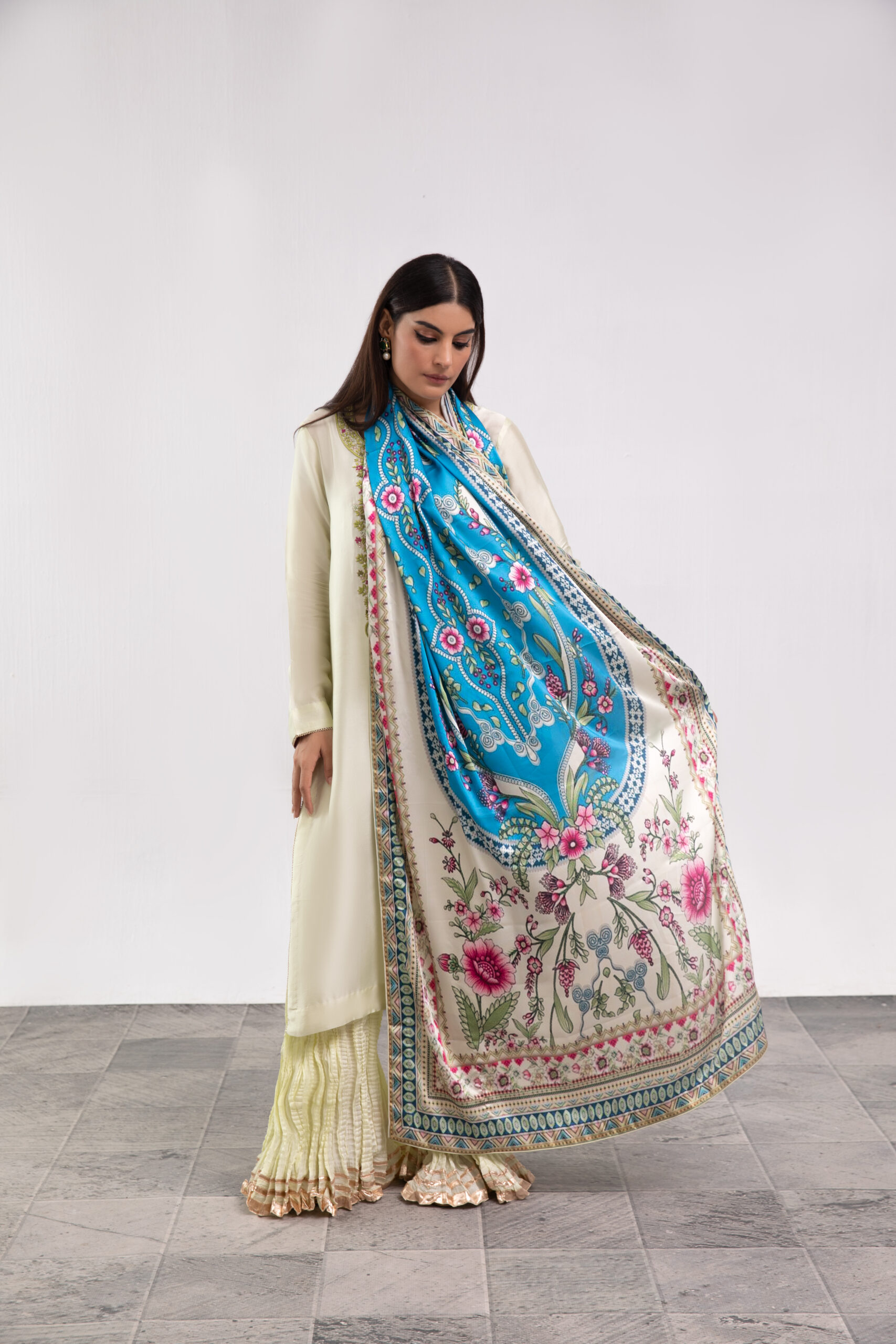 C76A7093 mint silk ladies dress, silk shirt with garara, 3-piece festive wear, embroidered garara suit, designer ethnic wear, luxury women's clothing