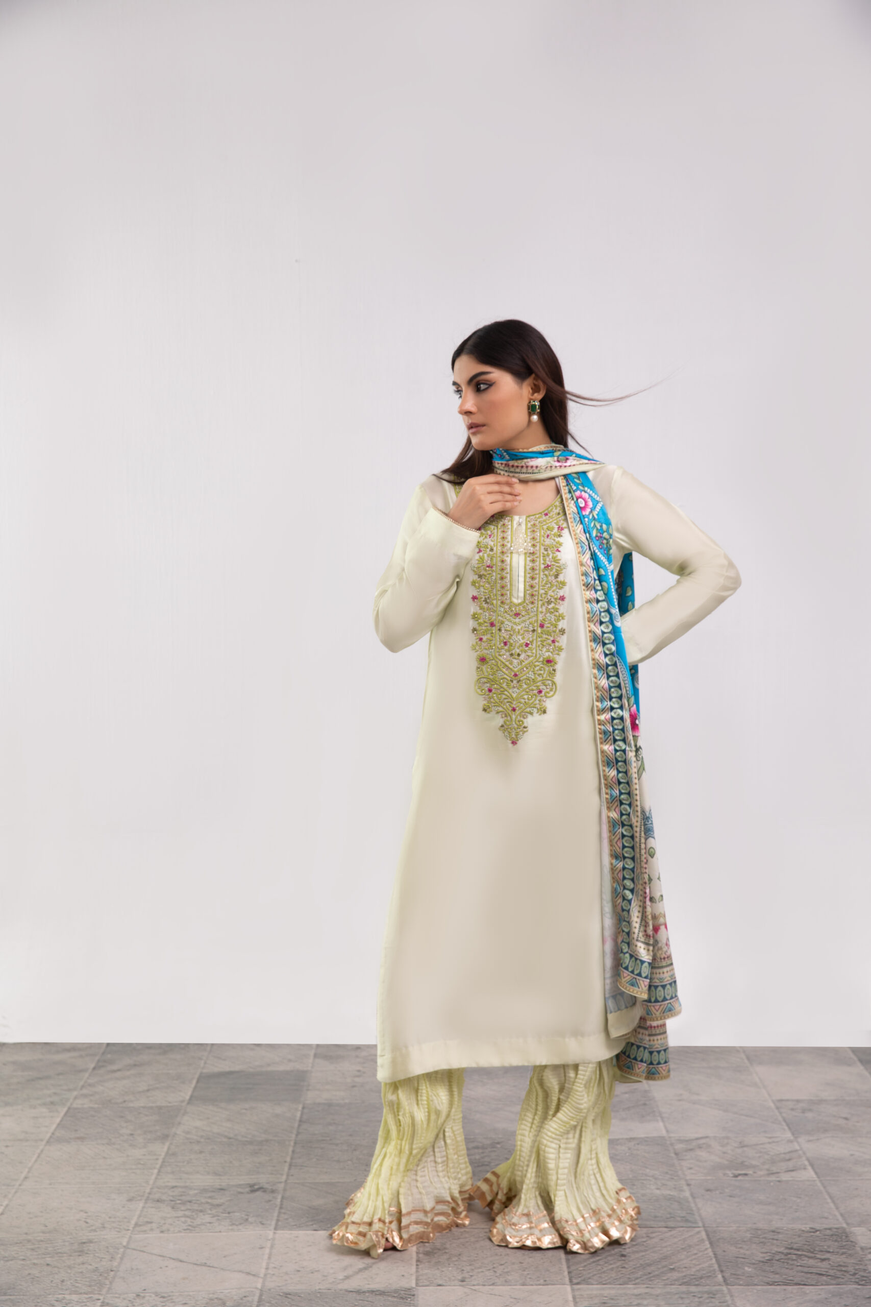 C76A7098 mint silk ladies dress, silk shirt with garara, 3-piece festive wear, embroidered garara suit, designer ethnic wear, luxury women's clothing