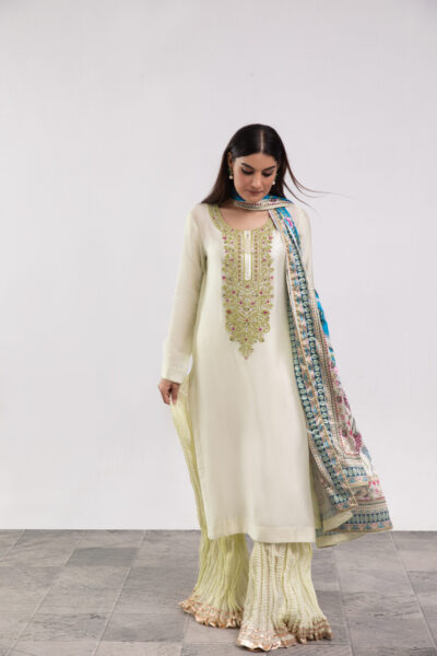 mint silk ladies dress, silk shirt with garara, 3-piece festive wear, embroidered garara suit, designer ethnic wear, luxury women's clothing