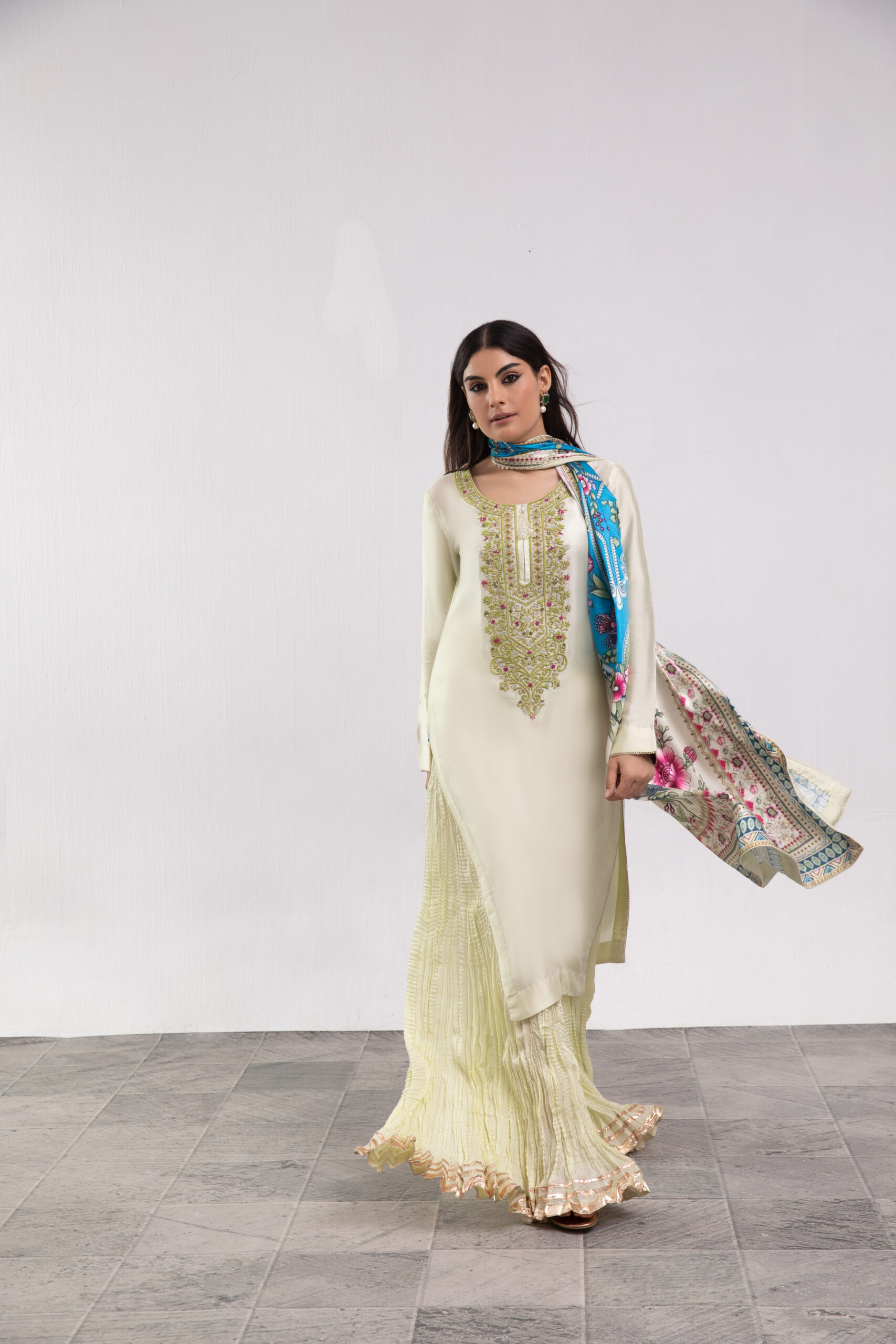C76A7120 mint silk ladies dress, silk shirt with garara, 3-piece festive wear, embroidered garara suit, designer ethnic wear, luxury women's clothing