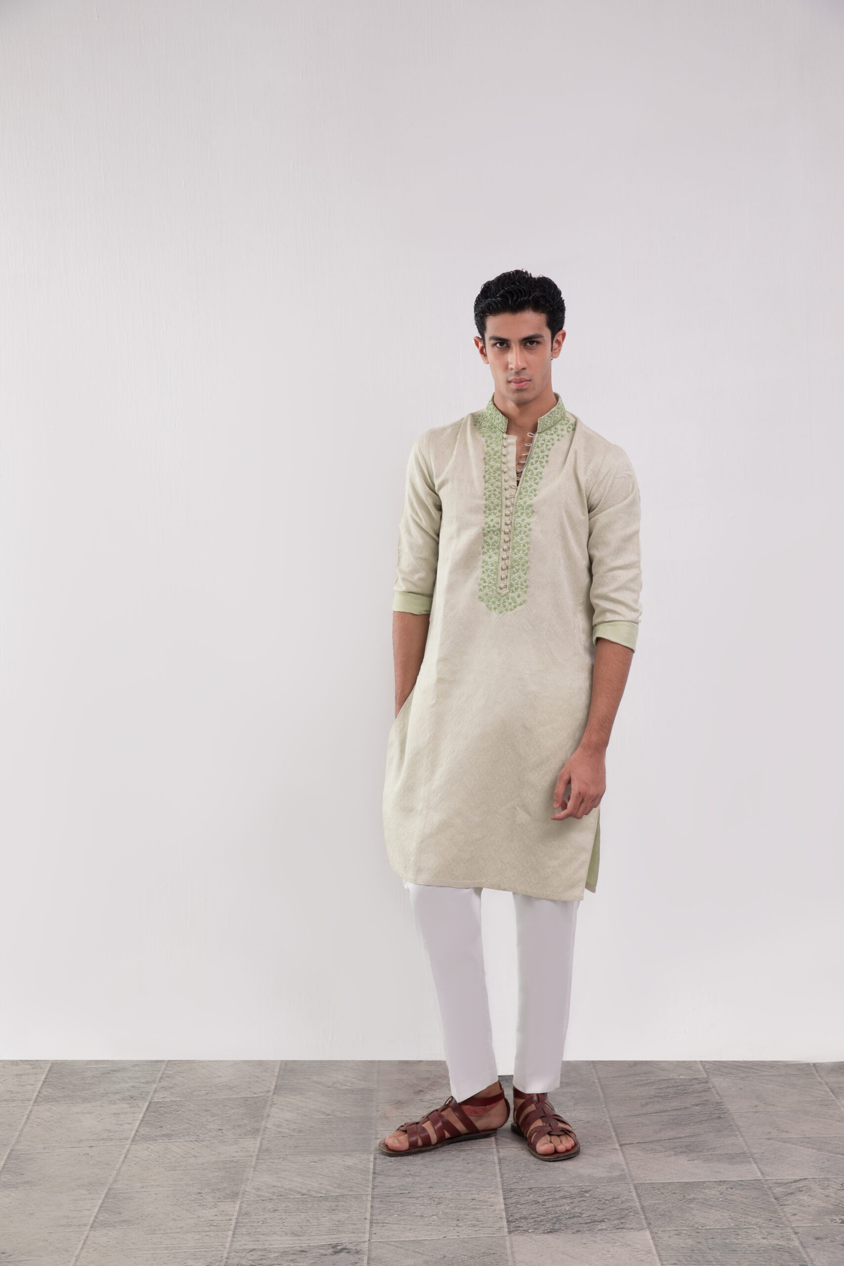 C76A7123 Mint Men's Kurta in Karandi with Hand Work | Designer Ethnic Wear