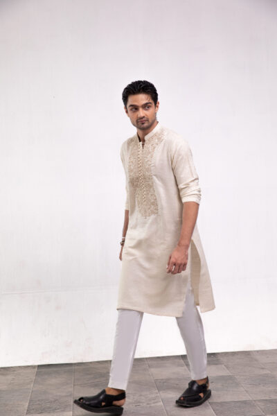 off-white karandi mens kurta, self-weaved kurta with trousers, hand embroidered mens kurta, traditional designer menswear, festive ethnic wear for men