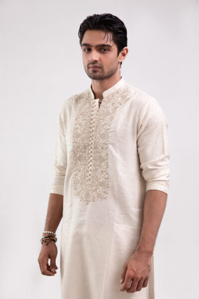 off-white karandi mens kurta, self-weaved kurta with trousers, hand embroidered mens kurta, traditional designer menswear, festive ethnic wear for men