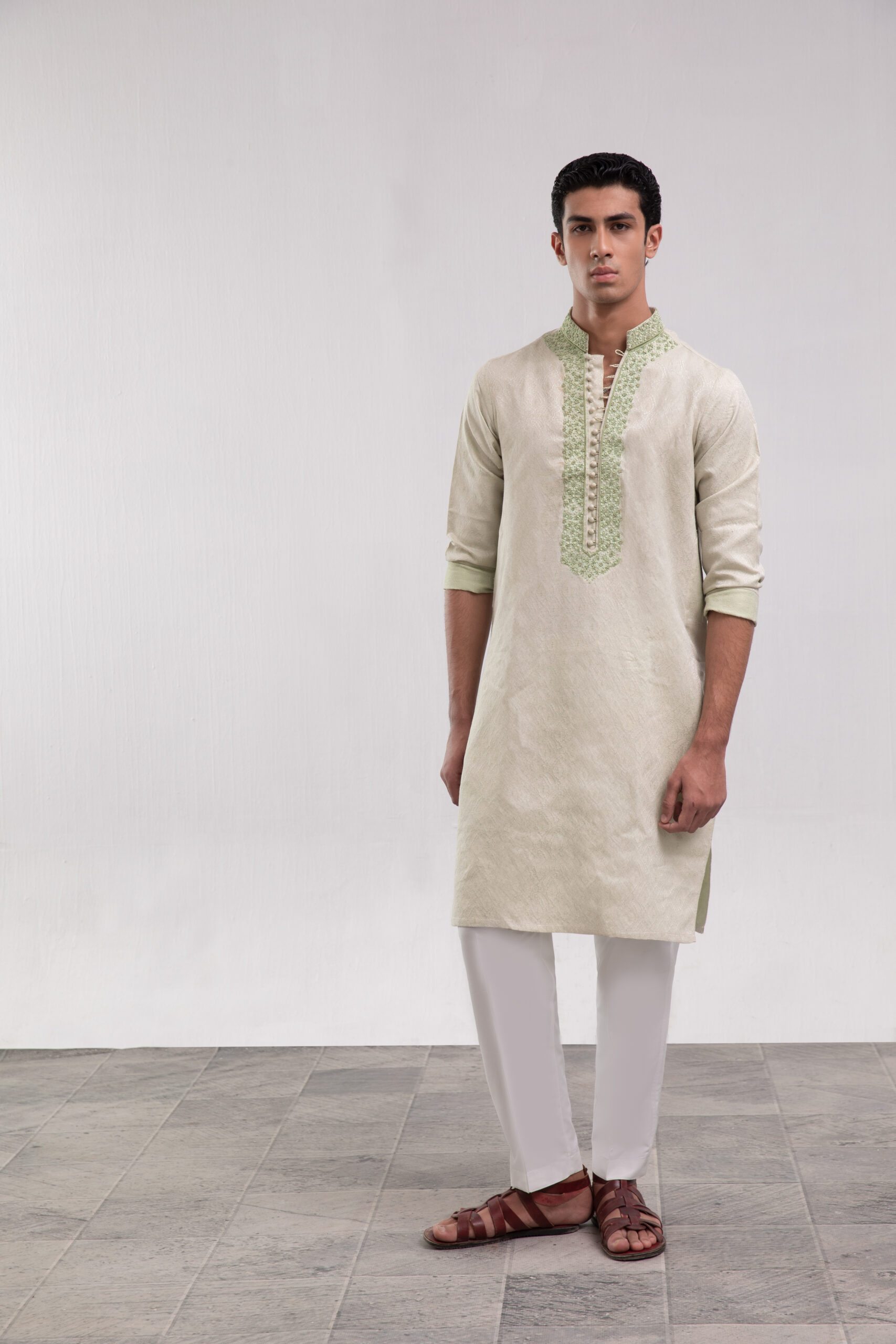 C76A7172 mint mens kurta, karandi kurta with hand work, mens kurta with loop buttons, traditional designer menswear, festive mint kurta, luxury ethnic wear for men