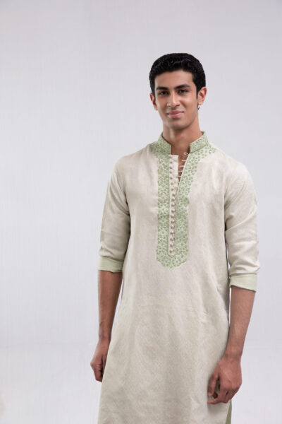 mint mens kurta, karandi kurta with hand work, mens kurta with loop buttons, traditional designer menswear, festive mint kurta, luxury ethnic wear for men