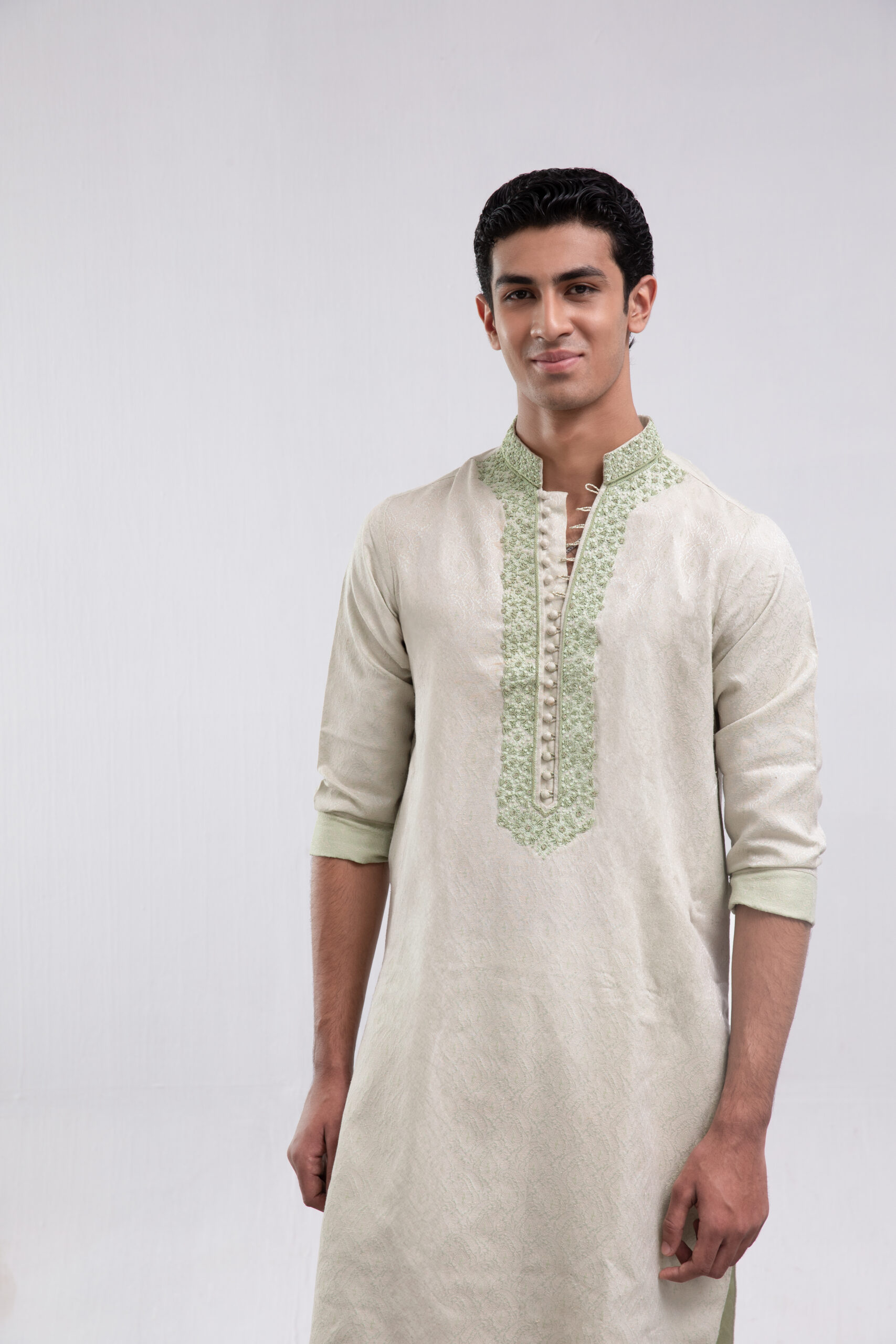 C76A7178 mint mens kurta, karandi kurta with hand work, mens kurta with loop buttons, traditional designer menswear, festive mint kurta, luxury ethnic wear for men