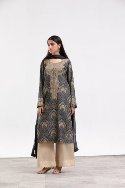 charcoal jacquard dress, ladies jacquard suit with embroidery, 3-piece festive wear, designer ethnic wear, luxury women's clothing