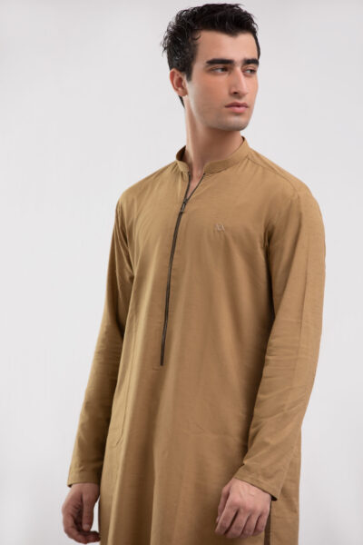 brown mens kurta, kurta with front zip, mens kurta with na logo, traditional designer menswear, casual brown kurta, luxury ethnic wear for men
