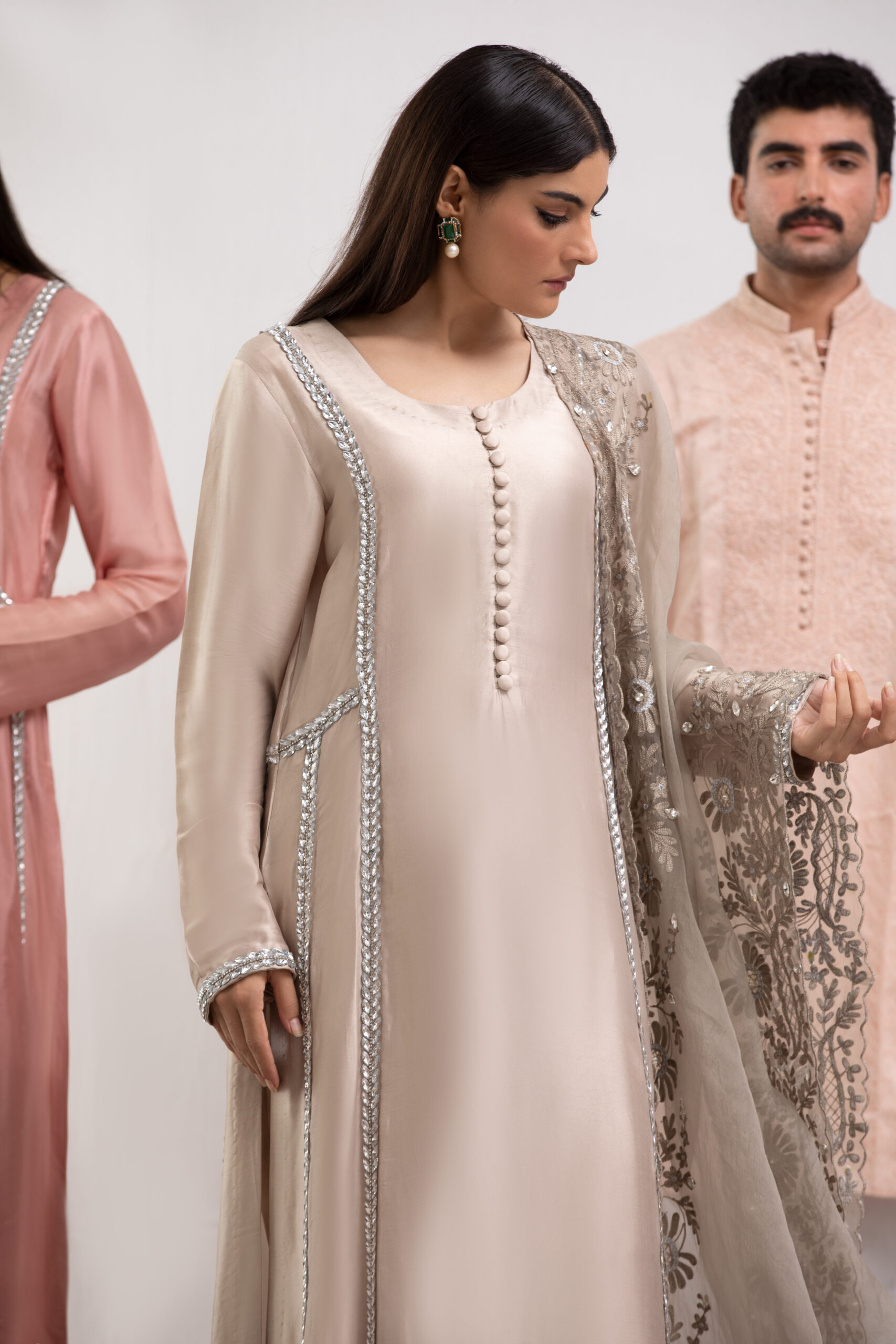C76A7328 Beige Premium Silk Ladies Dress with Organza Dupatta | 3-Piece Suit