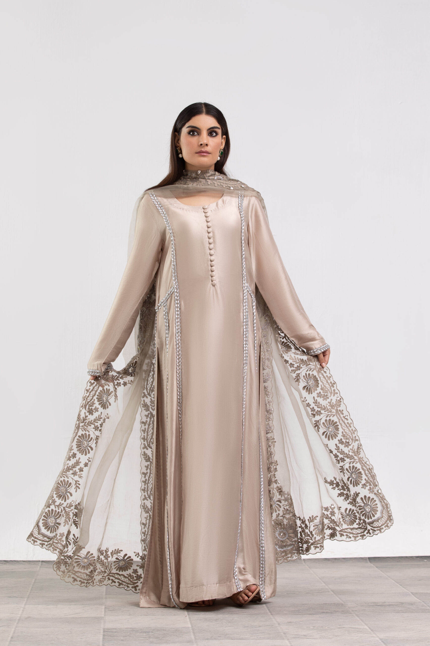 C76A7405 Beige Premium Silk Ladies Dress with Organza Dupatta | 3-Piece Suit