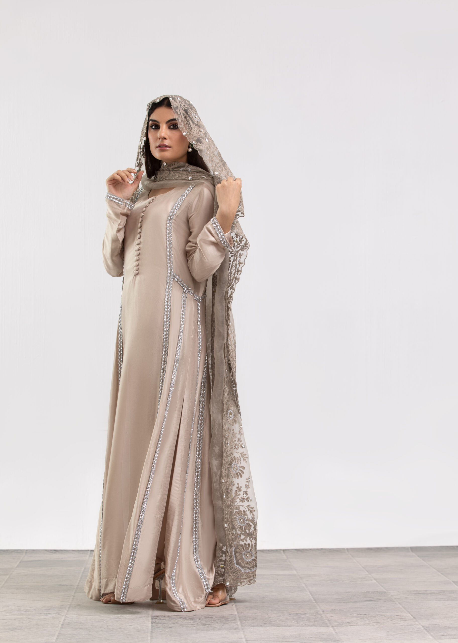 C76A7410 Beige Premium Silk Ladies Dress with Organza Dupatta | 3-Piece Suit