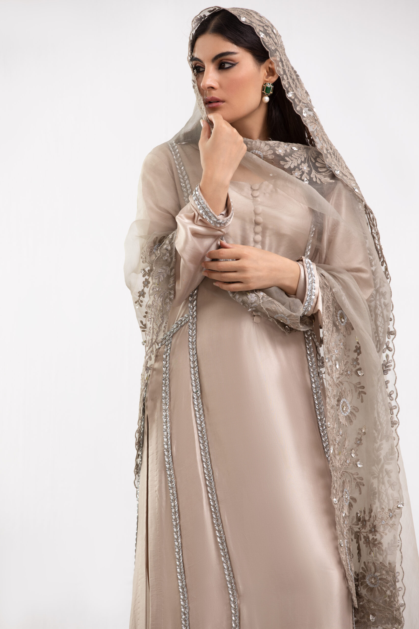 C76A7423 Beige Premium Silk Ladies Dress with Organza Dupatta | 3-Piece Suit