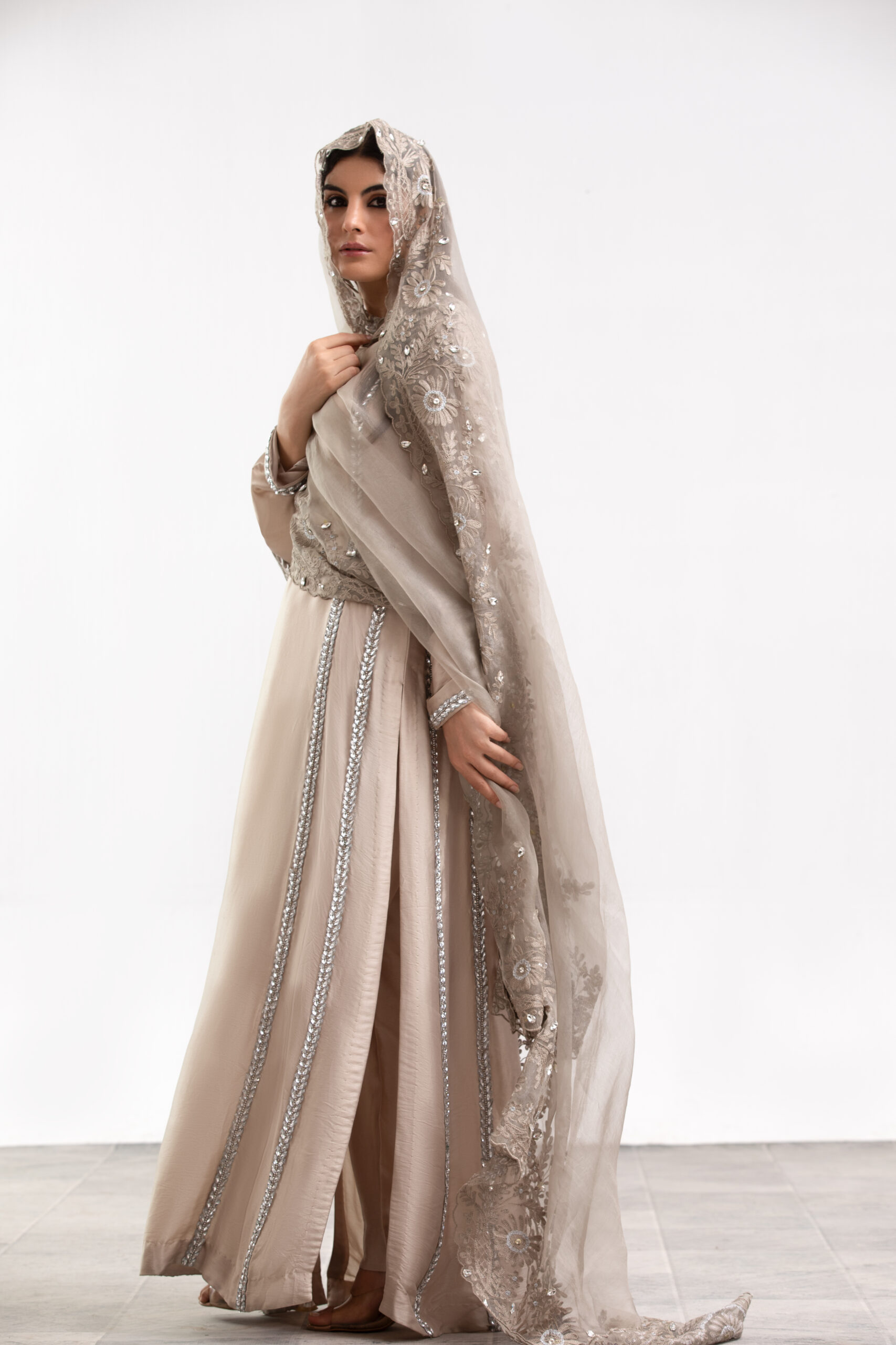 C76A7432 Beige Premium Silk Ladies Dress with Organza Dupatta | 3-Piece Suit