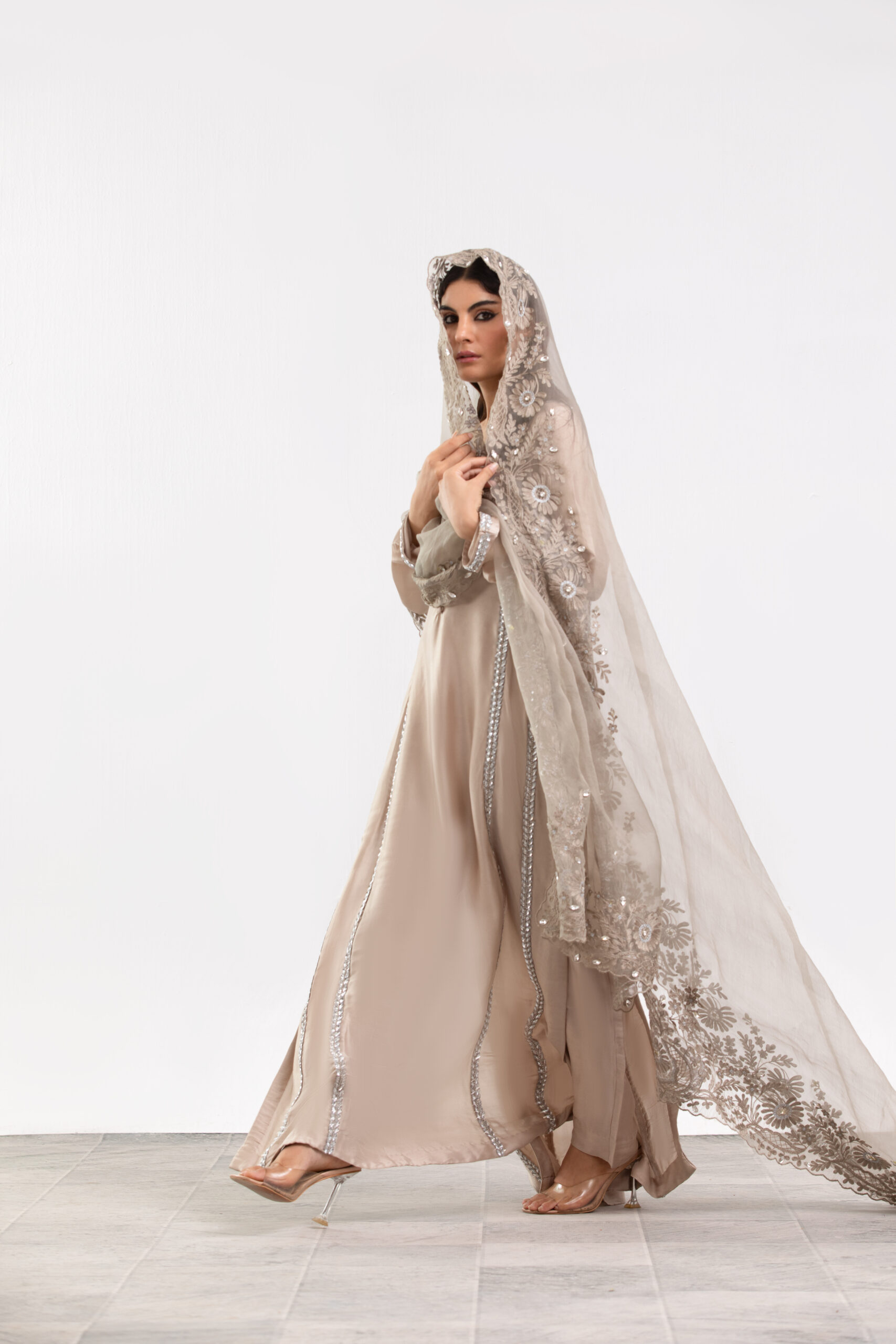 C76A7442 Beige Premium Silk Ladies Dress with Organza Dupatta | 3-Piece Suit