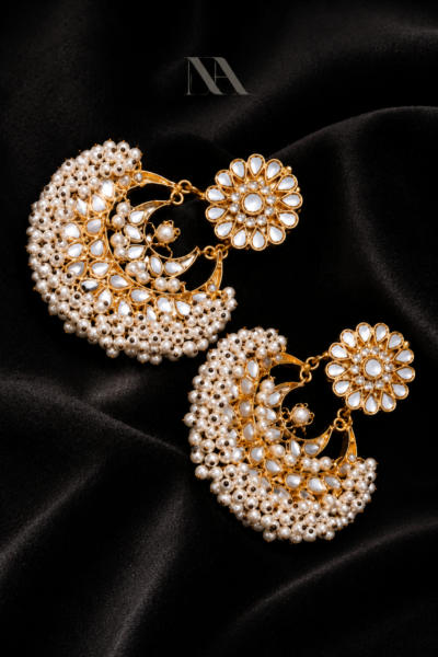 Traditional Chandbali earrings with Kundan mirror work and pearl cascade. Bridal or festive statement jewelry