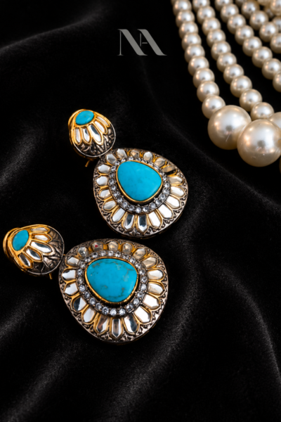 Antique gold drop earrings with Turquoise gem and Kundan filigree. Bohemian statement jewelry