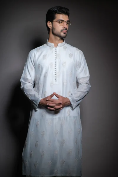 embroidered frost white mens kurta of Naushemian by Nauman Arfeen