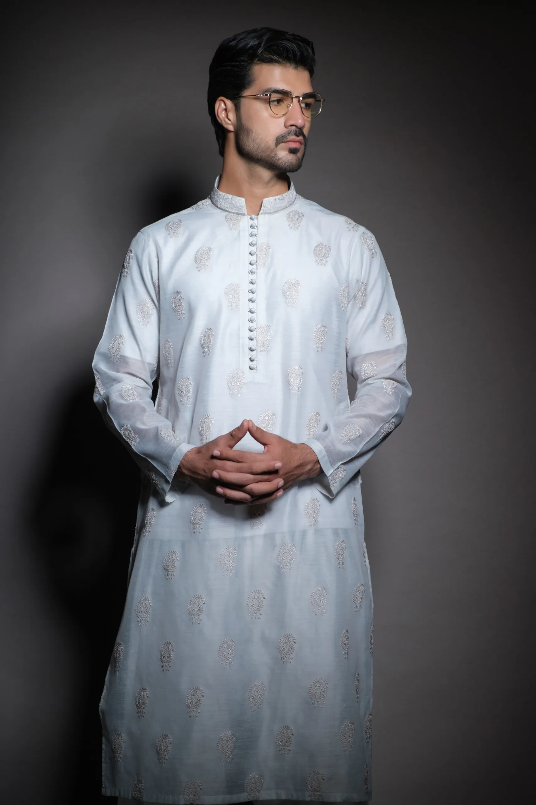 embroidered frost white mens kurta of Naushemian by Nauman Arfeen
