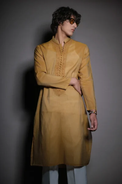 Neck-Embroidered Mustard Kurta for Men of Naushemian by Nauman Arfeen