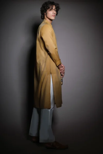 Neck-Embroidered Mustard Kurta for Men of Naushemian by Nauman Arfeen