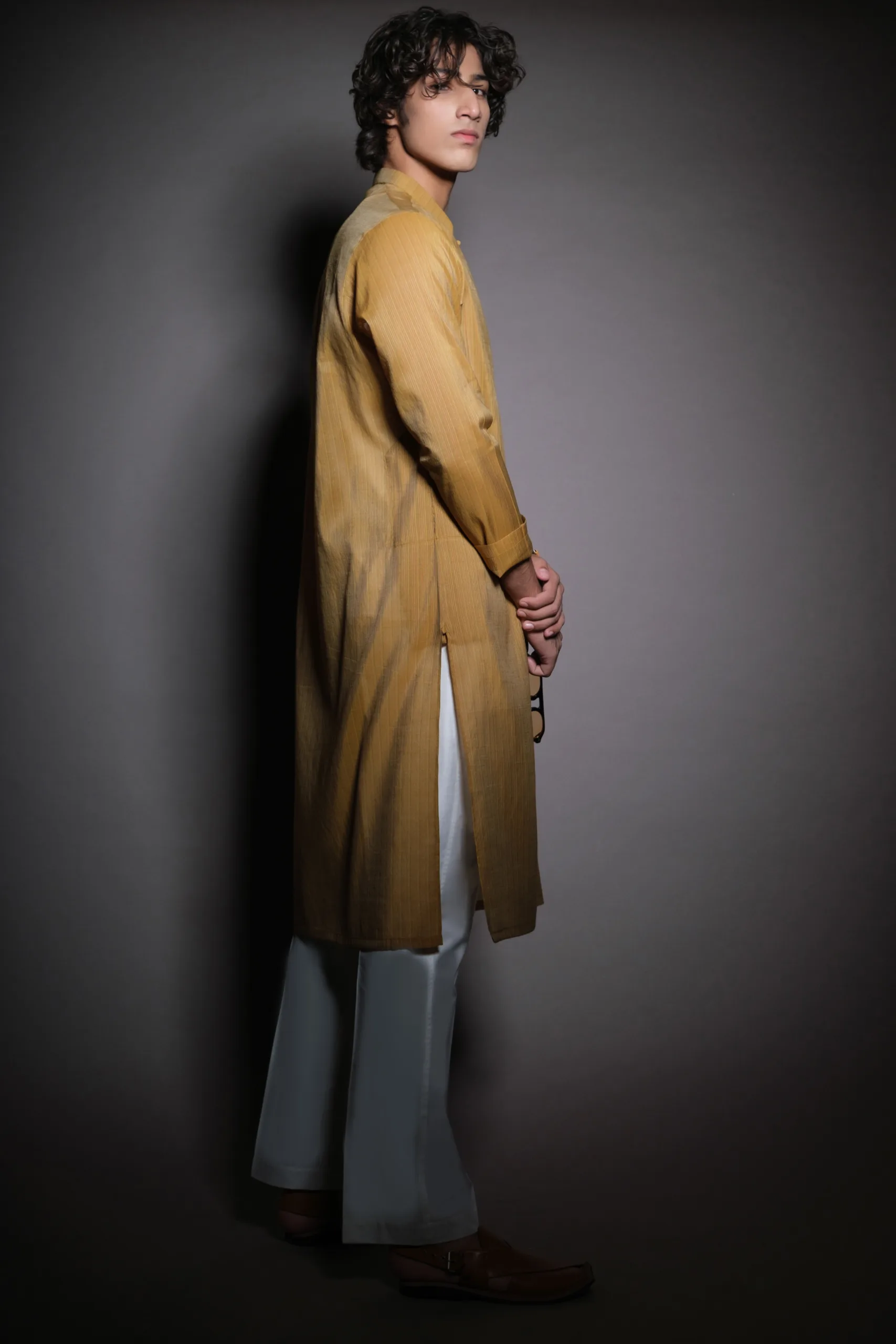 Neck-Embroidered Mustard Kurta for Men of Naushemian by Nauman Arfeen