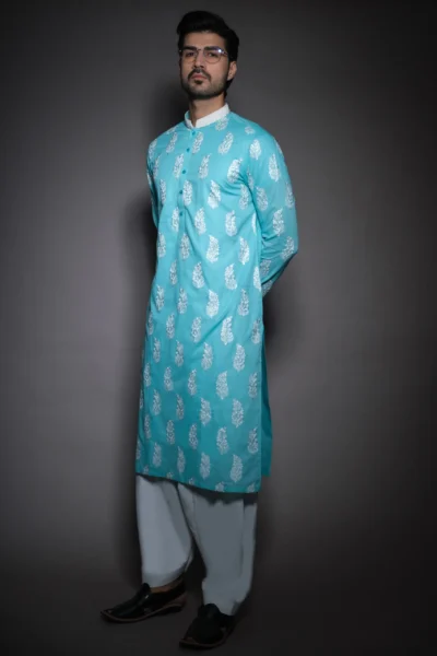 white-embroidered arctic blue kurta of Naushemian by Nauman Arfeen