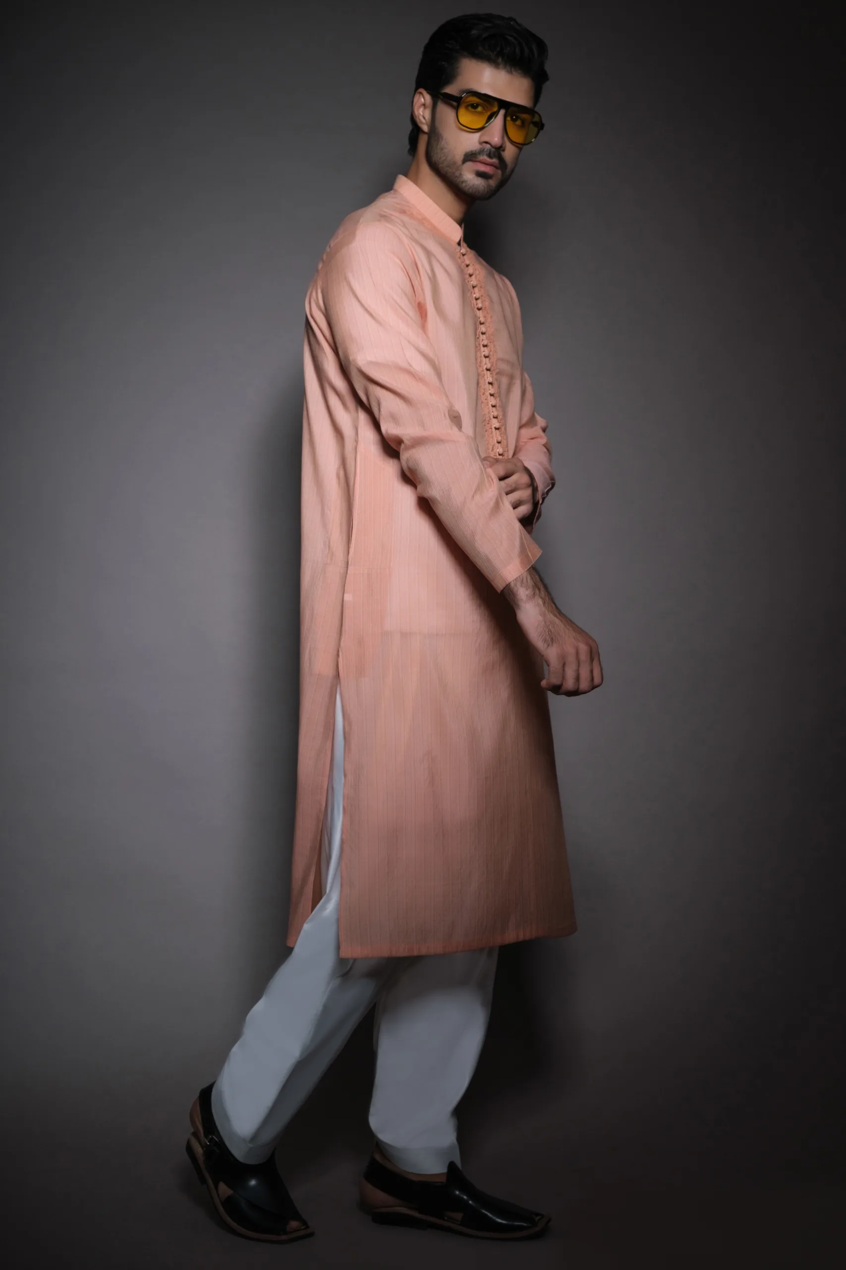 Cantaloupe Orange Neck Embroidered Men Kurta of Naushemian by Nauman Arfeen